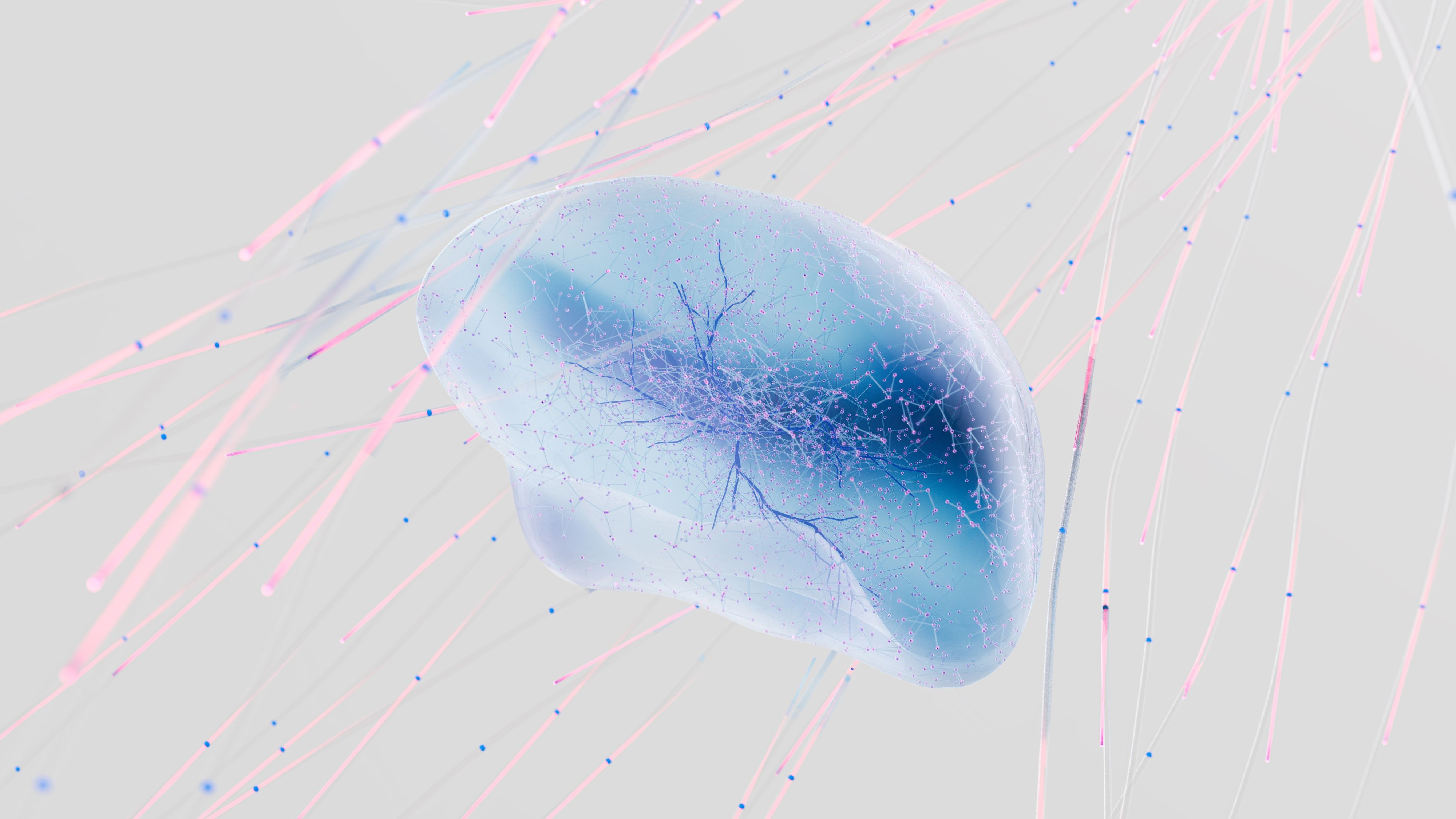 Ilustração 3D de uma rede neural com conexões coloridas representando neurônios e sinapses do cérebro