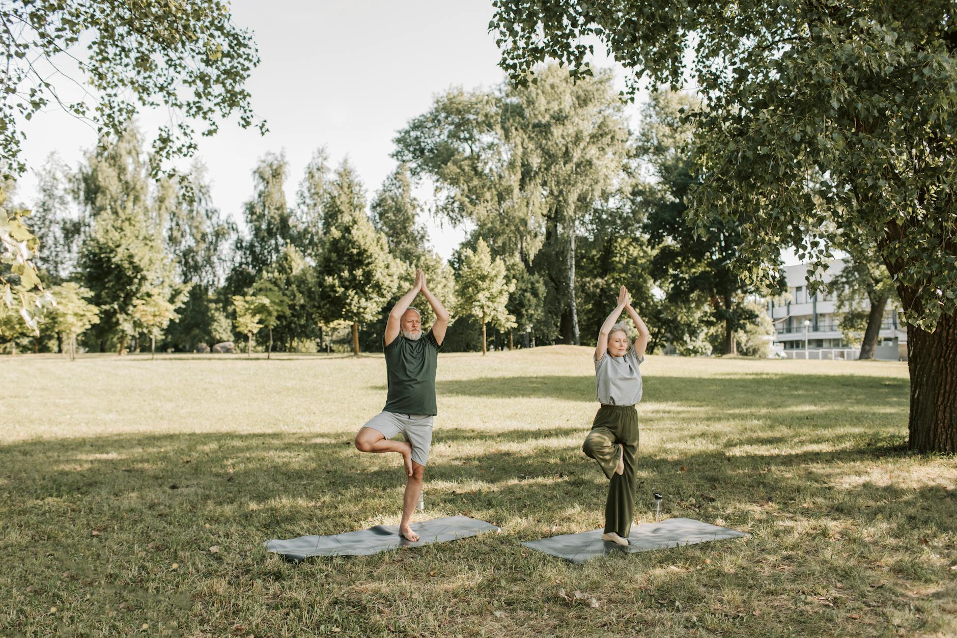 Casal de idosos praticando yoga em parque ensolarado representando vida saudável e ativa na terceira idade